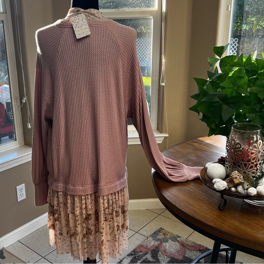 FREE PEOPLE: Sweet Escape Thermal Waffle Knit  Layered Floral Chiffon Dress..NWT - Picture 7 of 11